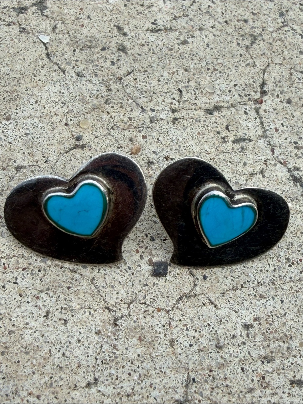 Vintage Sterling Silver Heart Earrings with Turquoise Inlay - Women Jewelry